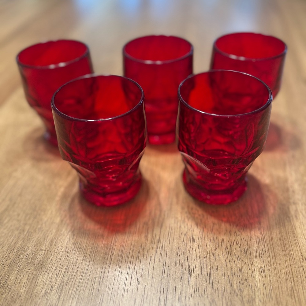 5 Vintage Ruby Red‎ 8 oz. Tumblers Viking 4” Honeycomb Georgian Thumb Print
